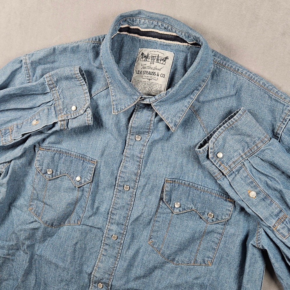 Levis Denim Western Shirt Mens Large Blue Pearl Snap Sawtooth Pockets Selvedge